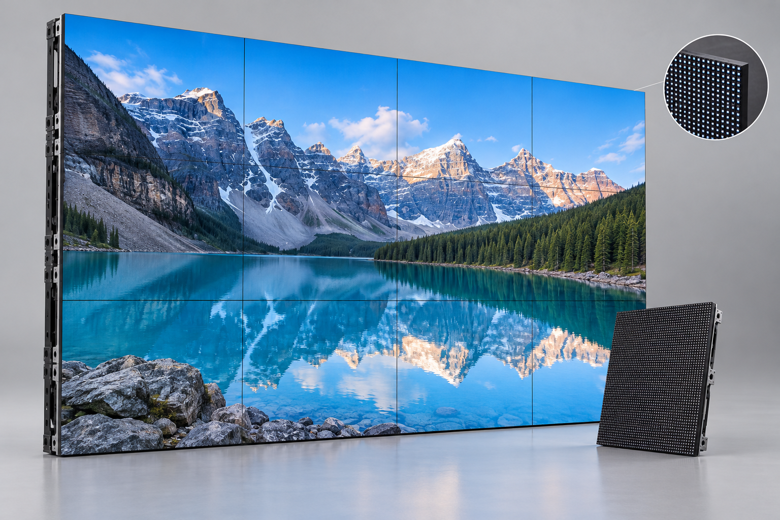 Fine-pitch LED screen with pixel and module detail