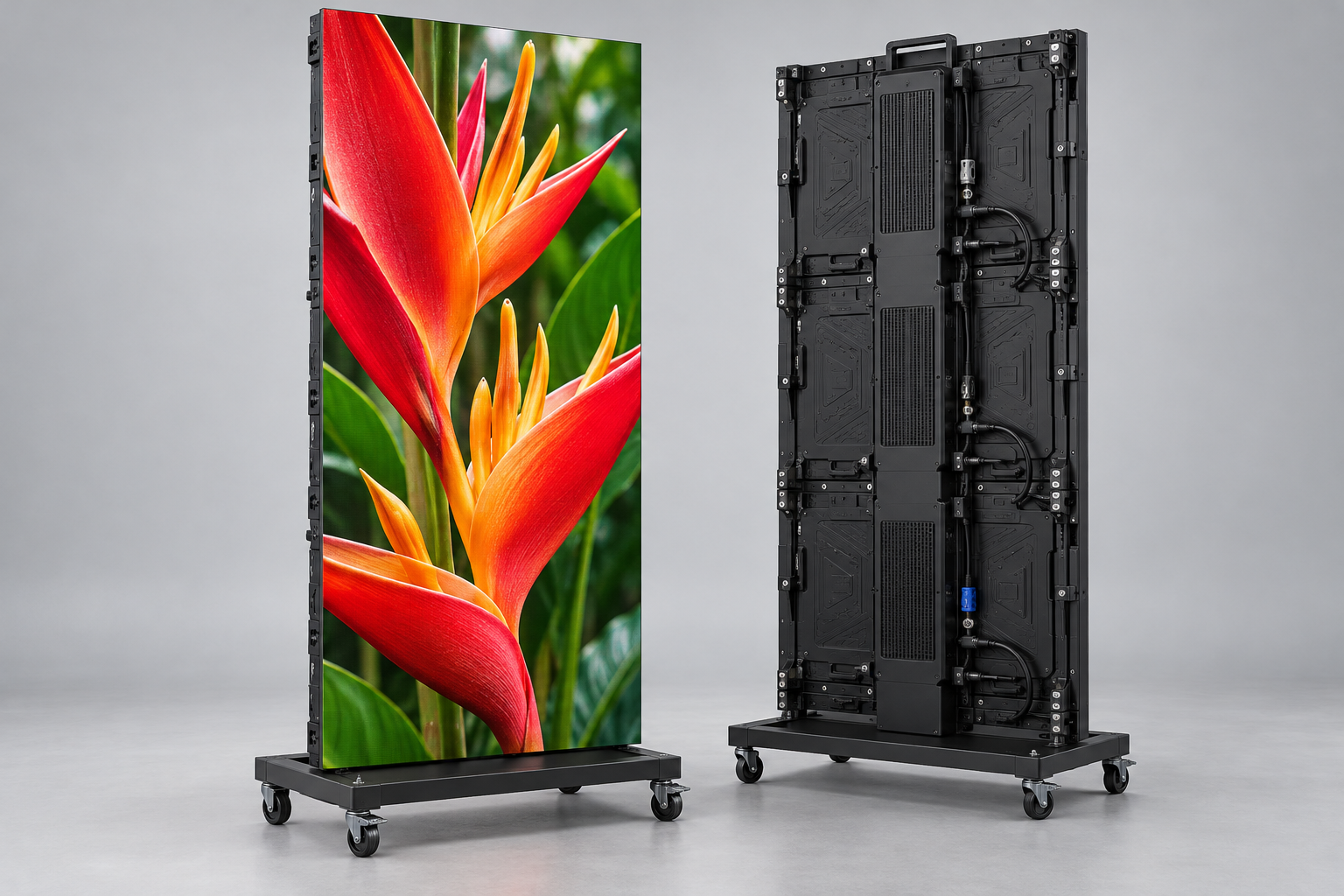LED poster displays on wheeled bases, front and rear